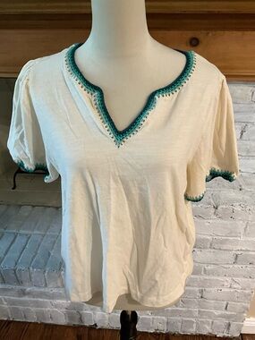 Democracy Cream Short Sleeve Top with Teal Trim